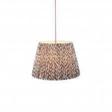 brass and red pendant with grey leaf patterned shade
