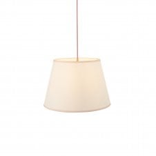 brass and red pendant with white cotton tapered shade