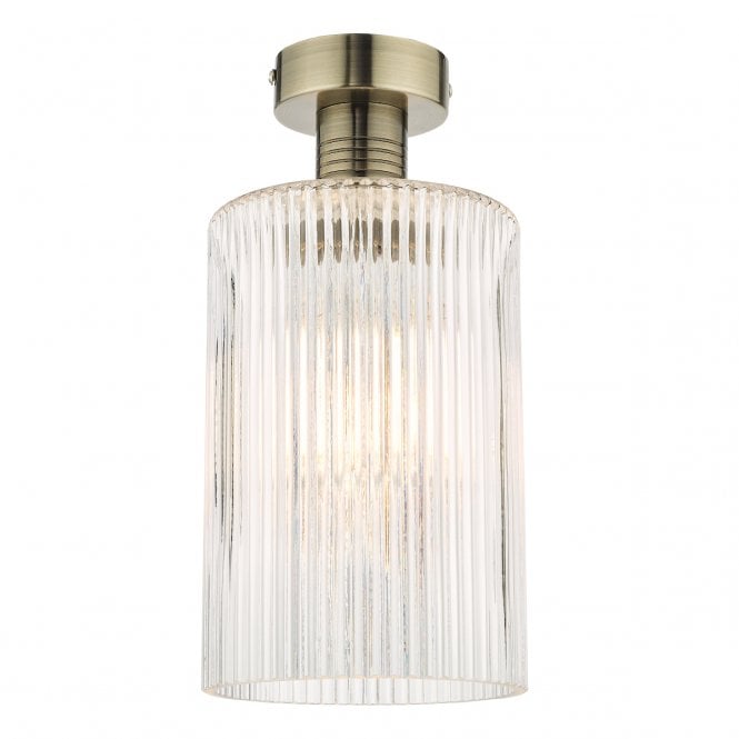 EMERSON Semi Flush Ceiling Light | Antique Brass | Cylinder Ribbed Glass Shade