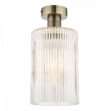 EMERSON Semi Flush Ceiling Light | Antique Brass | Cylinder Ribbed Glass Shade