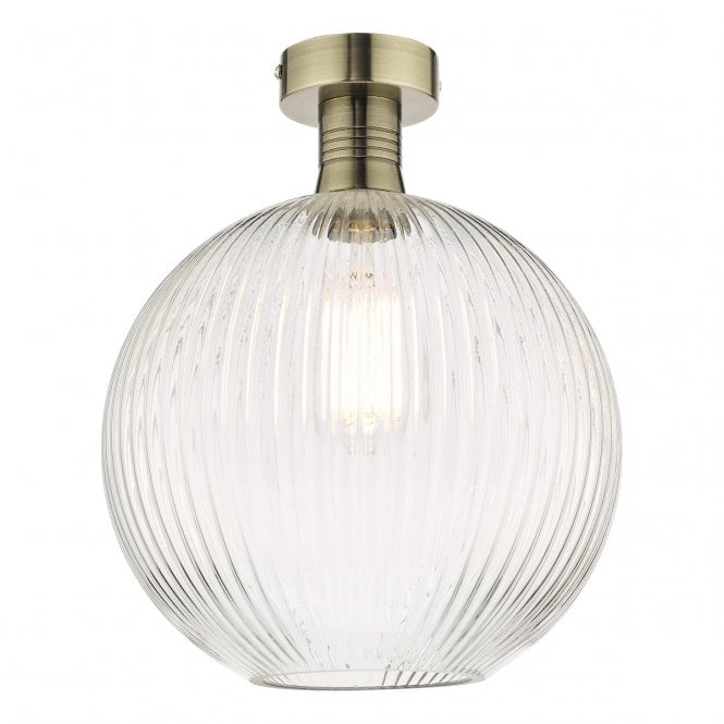 EMERSON Semi Flush Ceiling Light | Antique Brass | Round Ribbed Glass Shade