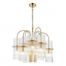 Cascading 9 light brass pendant with glass tubes