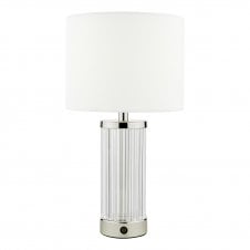 glass base table lamp with white linen drum shade