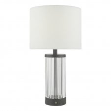 Black glass table lamp with white linen drum shade
