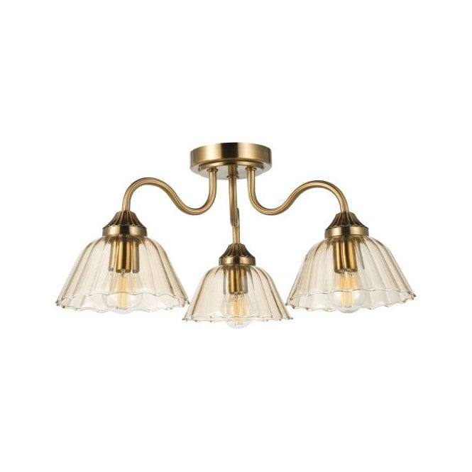 Erika 3 Light Semi-Flush Ceiling Light Antique Bronze with Amber Glass Shades