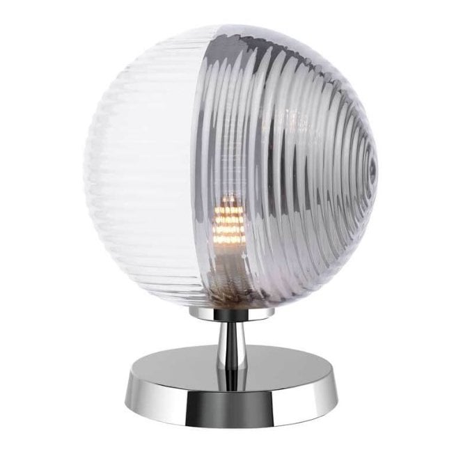 Esben Touch Table Lamp in Chrome with Smoked & Clear Ribbed Glass Shade (15cm)