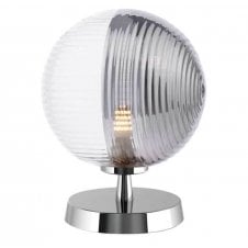 Touch Table Lamp in Chrome with Large Smoke and Clear Ribbed Glass Globe Shade