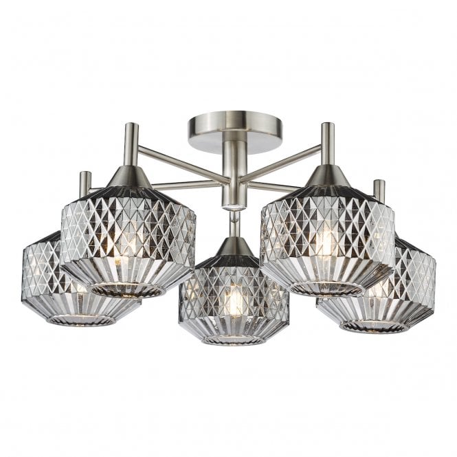 Fabrienne 5 Light Semi-Flush in Satin Nickel with Smoked Glass Shades