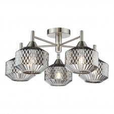 satin nickel semi-flush ceiling light with 5 smoked glass shades