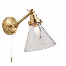 brushed gold, wall mounted bathroom light with a glass cone shade