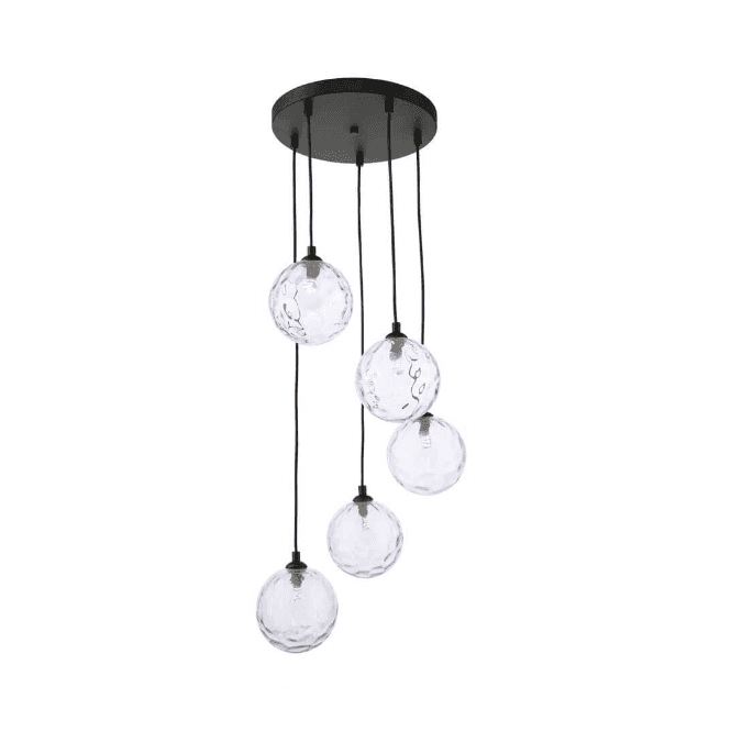 FEDERICO 5 Light Pendant Cluster | Black & Clear Dimpled Glass