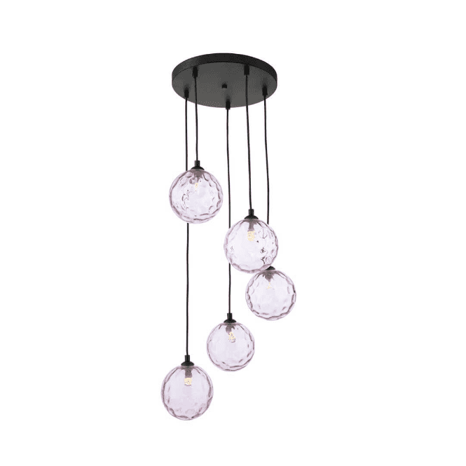 FEDERICO 5 Light Pendant Cluster | Black & Pink Dimpled Glass