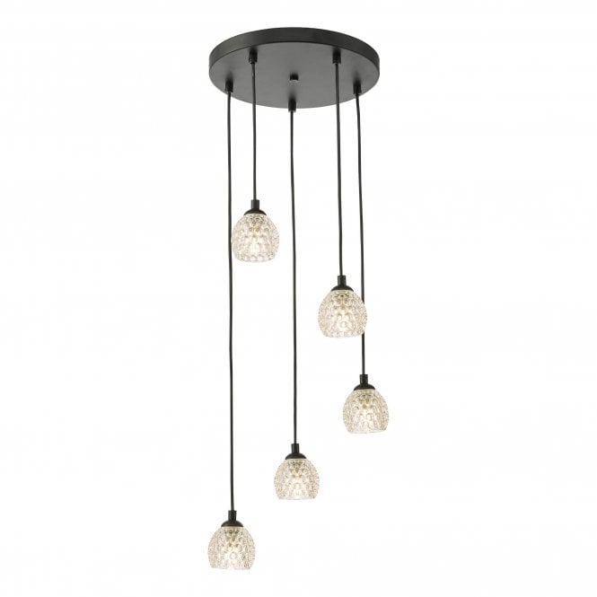 FEDERICO 5 Light Pendant Cluster Black with Dimpled Glass Globe Shades
