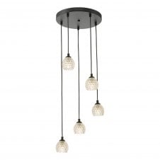 FEDERICO 5 Light Pendant Cluster Black with Dimpled Glass Globe Shades