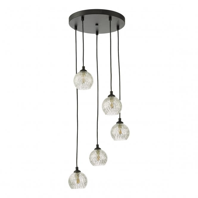 FEDERICO 5 Light Pendant Cluster Black with Inner Wire Glass Globe Shades