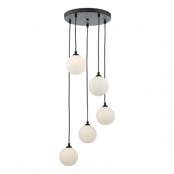 FEDERICO 5 Light Pendant Cluster Black with Opal Glass Globe Shades