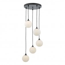 FEDERICO 5 Light Pendant Cluster Black with Opal Glass Globe Shades 