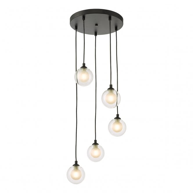 FEDERICO 5 Light Pendant Cluster Black with Opal Inner Clear Glass Globe Shades