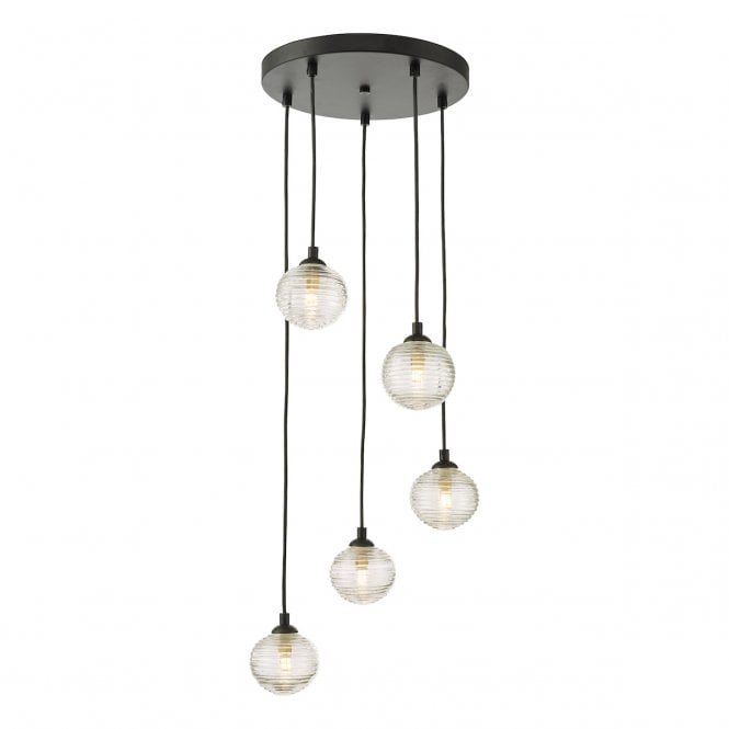 FEDERICO 5 Light Pendant Cluster Black with Ribbed Glass Globe Shades
