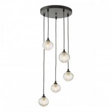 FEDERICO 5 Light Pendant Cluster Black with Ribbed Glass Globe Shades