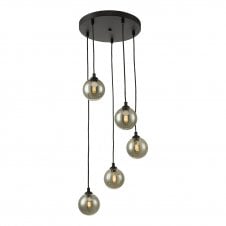 FEDERICO 5 Light Pendant Cluster Black with Smoked Glass Globe Shades 