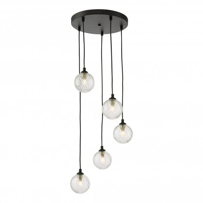 FEDERICO 5 Light Pendant Cluster Black with Swirl Clear Glass Globe Shades