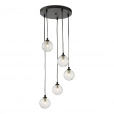 FEDERICO 5 Light Pendant Cluster Black with Swirl Clear Glass Globe Shades 