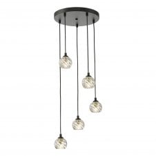 FEDERICO 5 Light Pendant Cluster Black with Twisted Glass Globe Shades