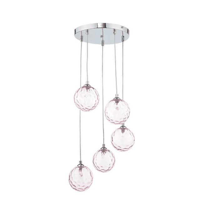 FEDERICO 5 Light Pendant Cluster | Chrome & Pink Dimpled Glass