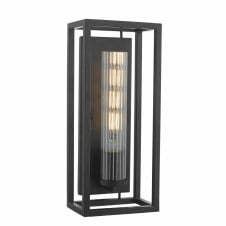black modern vintage wall lantern with ribbed tube glass shade
