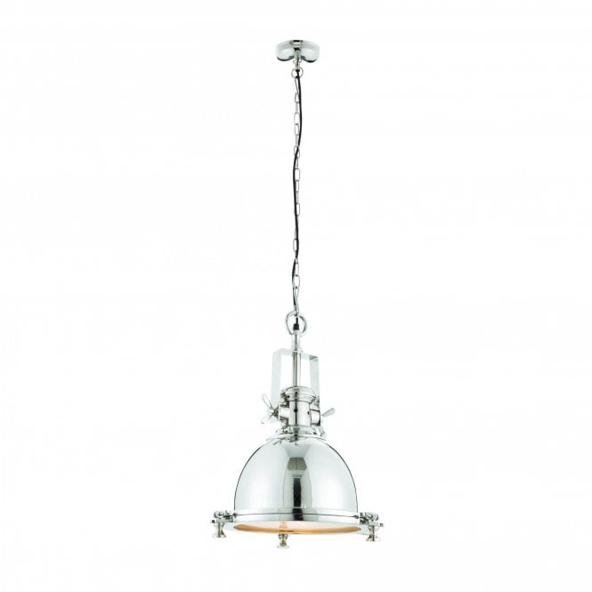 FENTON industrial style ceiling pendant light in bright nickel with sandblasted glass diffuser