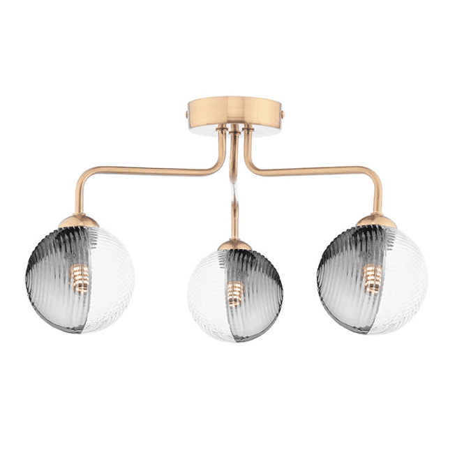 FEYA 3 Light Semi-Flush | Antique Bronze With Smoked & Clear Ribbed Glass (10cm)