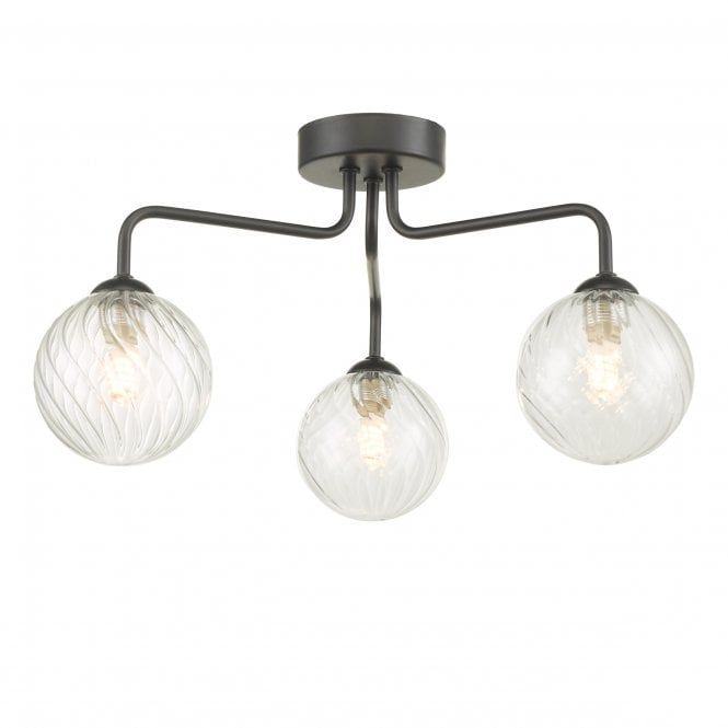 Feya 3 Light Semi-Flush in Black with Clear Twisted Glass Shades