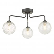 FEYA 3 Light Semi Flush Ceiling Black With Clear Swirl Glass Shades