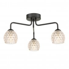 FEYA 3 Light Semi Flush Ceiling Black With Dimpled Glass Shades