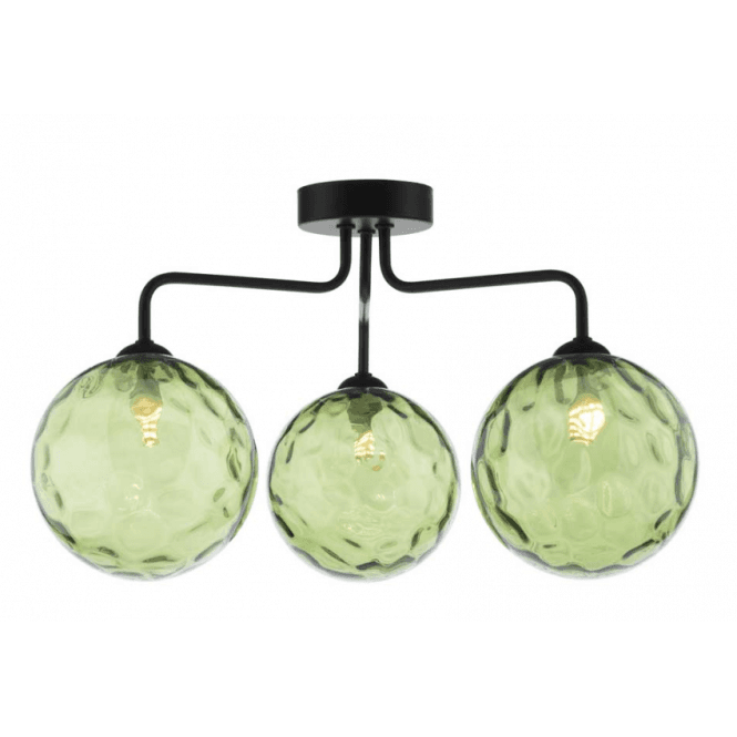 Feya 3 Light Semi-Flush in Black with Green Dimpled Glass Shades