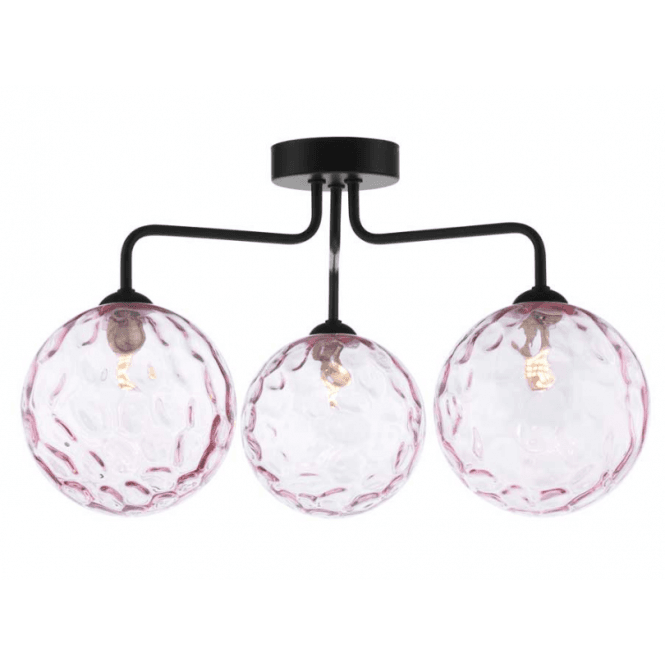 Feya 3 Light Semi-Flush in Black with Pink Dimpled Glass Shades