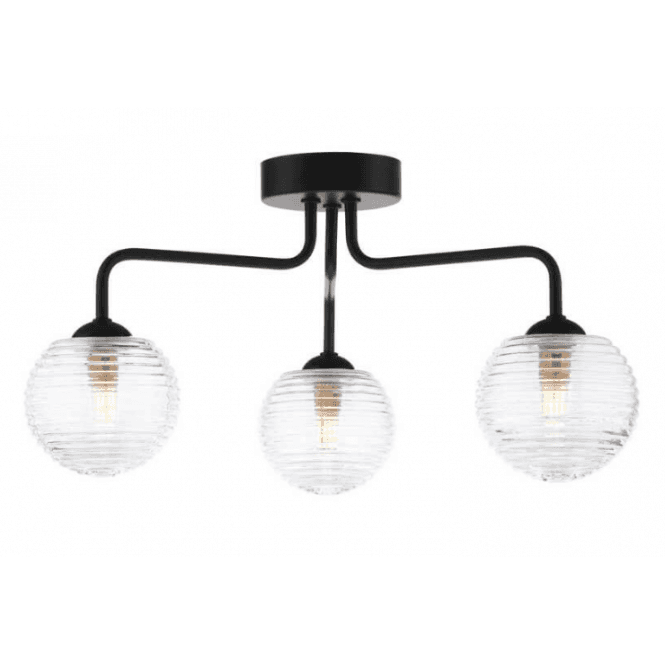 Feya 3 Light Semi-Flush in Black with Ribbed Glass Shades