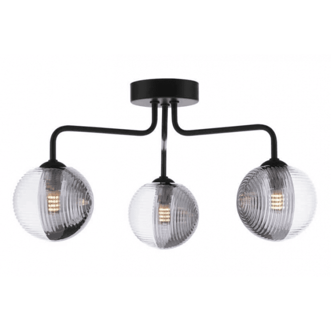 Feya 3 Light Semi-Flush in Black with Smoked & Clear Ribbed Glass Shades (10cm)