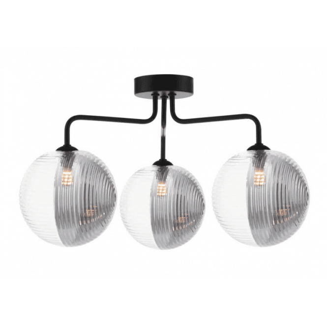 Feya 3 Light Semi-Flush in Black with Smoked & Clear Ribbed Glass Shades (15cm)