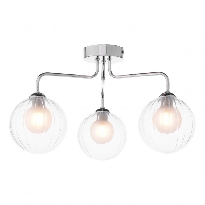 FEYA 3 Light Semi Flush in Polished Chrome with Opal & Clear Ribbed Glass Shades