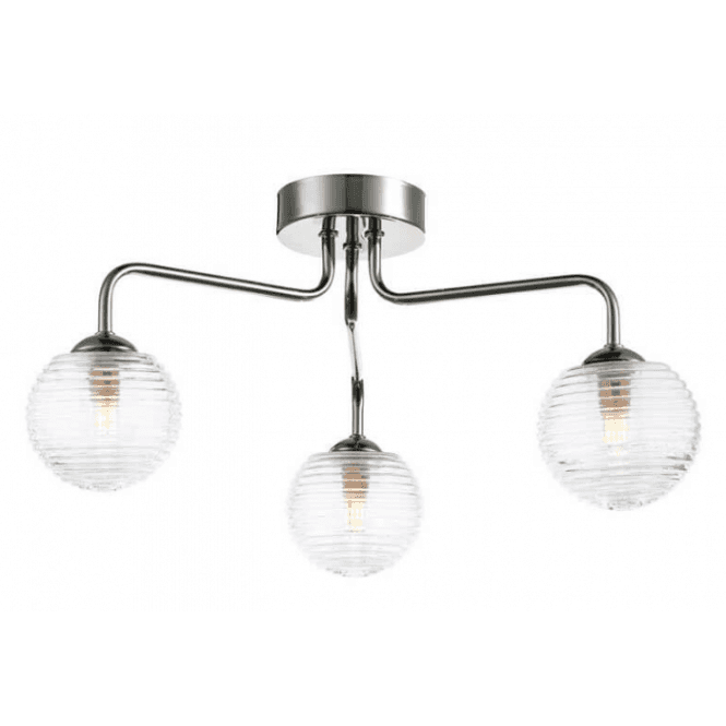 FEYA 3 Light Semi Flush in Polished Chrome with Ribbed Glass Globe Shades