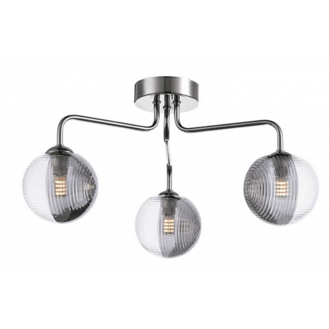 FEYA 3 Light Semi Flush in Polished Chrome with Smoked & Clear Ribbed Glass Shades (10cm)