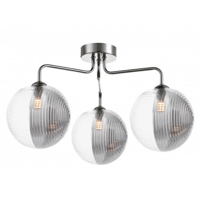FEYA 3 Light Semi Flush in Polished Chrome with Smoked & Clear Ribbed Glass Shades (15cm)