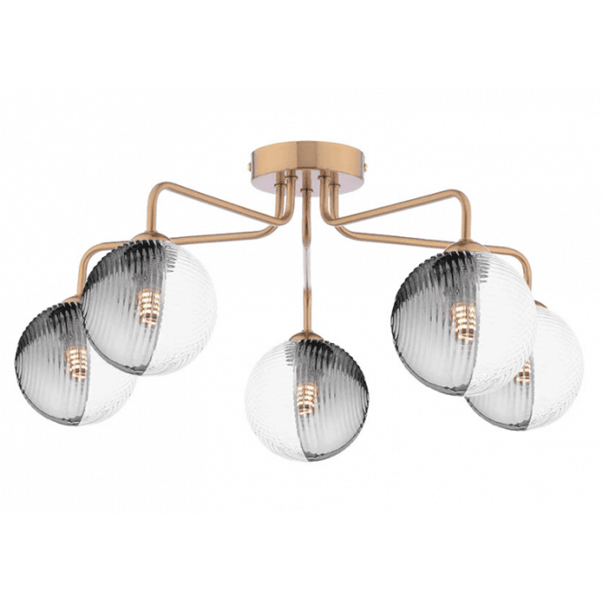 FEYA 5 Light Semi-Flush | Antique Bronze With Smoked & Clear Ribbed Glass (10cm)