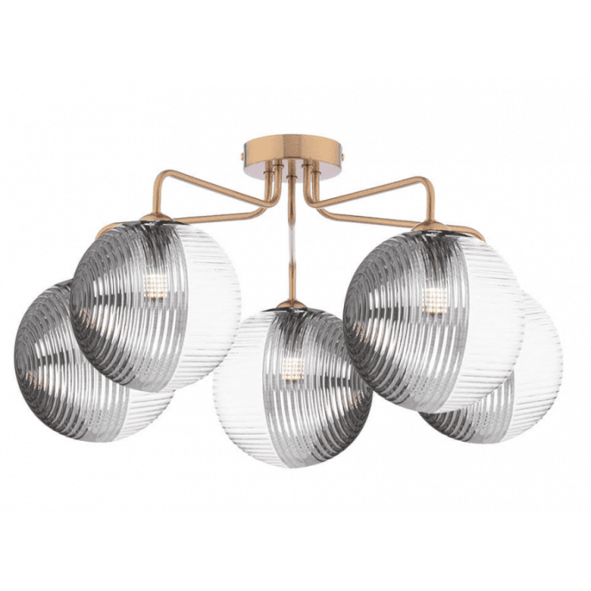 FEYA 5 Light Semi-Flush | Antique Bronze With Smoked & Clear Ribbed Glass (15cm)