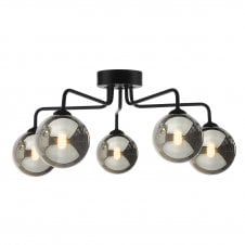 Black 5 Light Semi Flush Ceiling Fixture With GL1 Smoked Glass Globe Shade