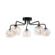 Black 5 Light Semi Flush Ceiling Fixture With GL16 Champagne Organic Glass Shade