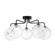 Black 5 Light Semi Flush Ceiling Fixture With GL12 Clear Dimpled Glass Shade