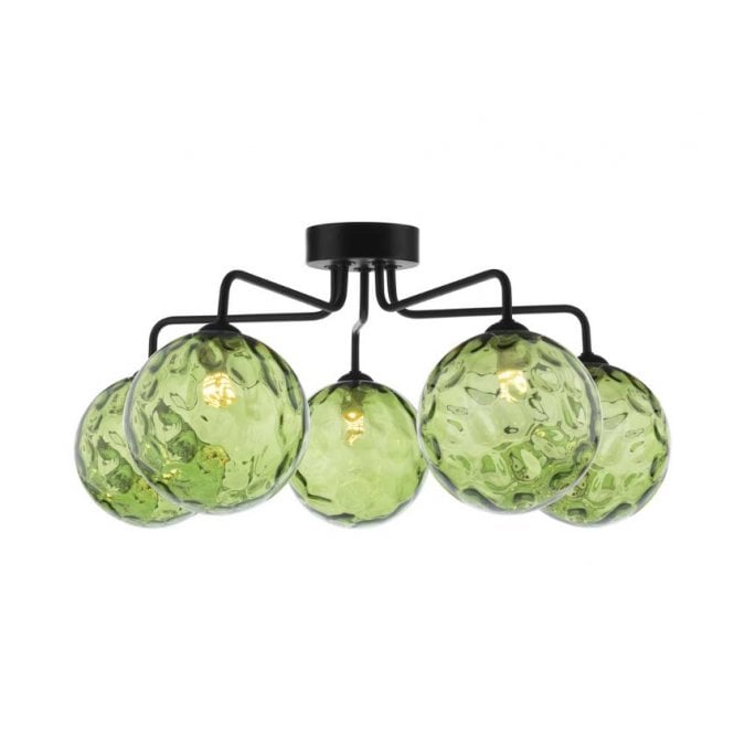 FEYA Black 5 Light Semi Flush Ceiling Light with Green Dimpled Glass Shade